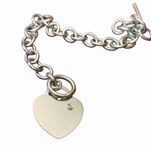 14K White Gold Heart Tag Dangle Charm Bracelet Diamond Accent Toggle Clasp Stamp